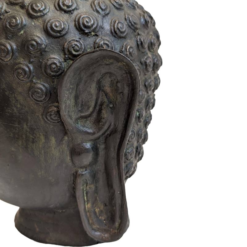 Antique Thai bronze Buddha head with flame-shaped ushnisha