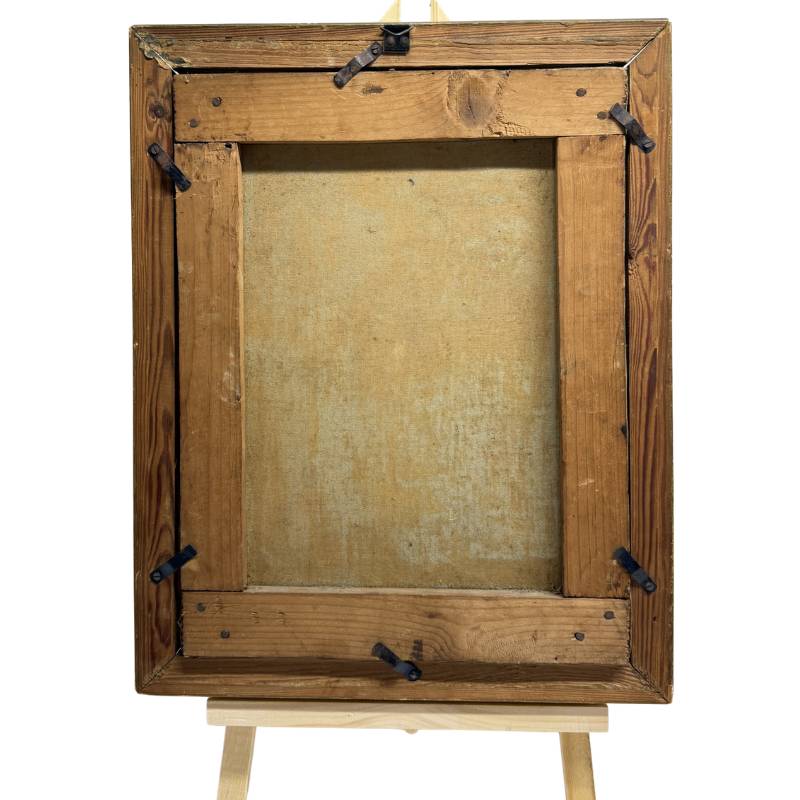 Reverse side of the antique painting of Rabbi Zeitoun, showing the oxidized linen canvas and the authentic wooden stretcher frame from the early 20th century.