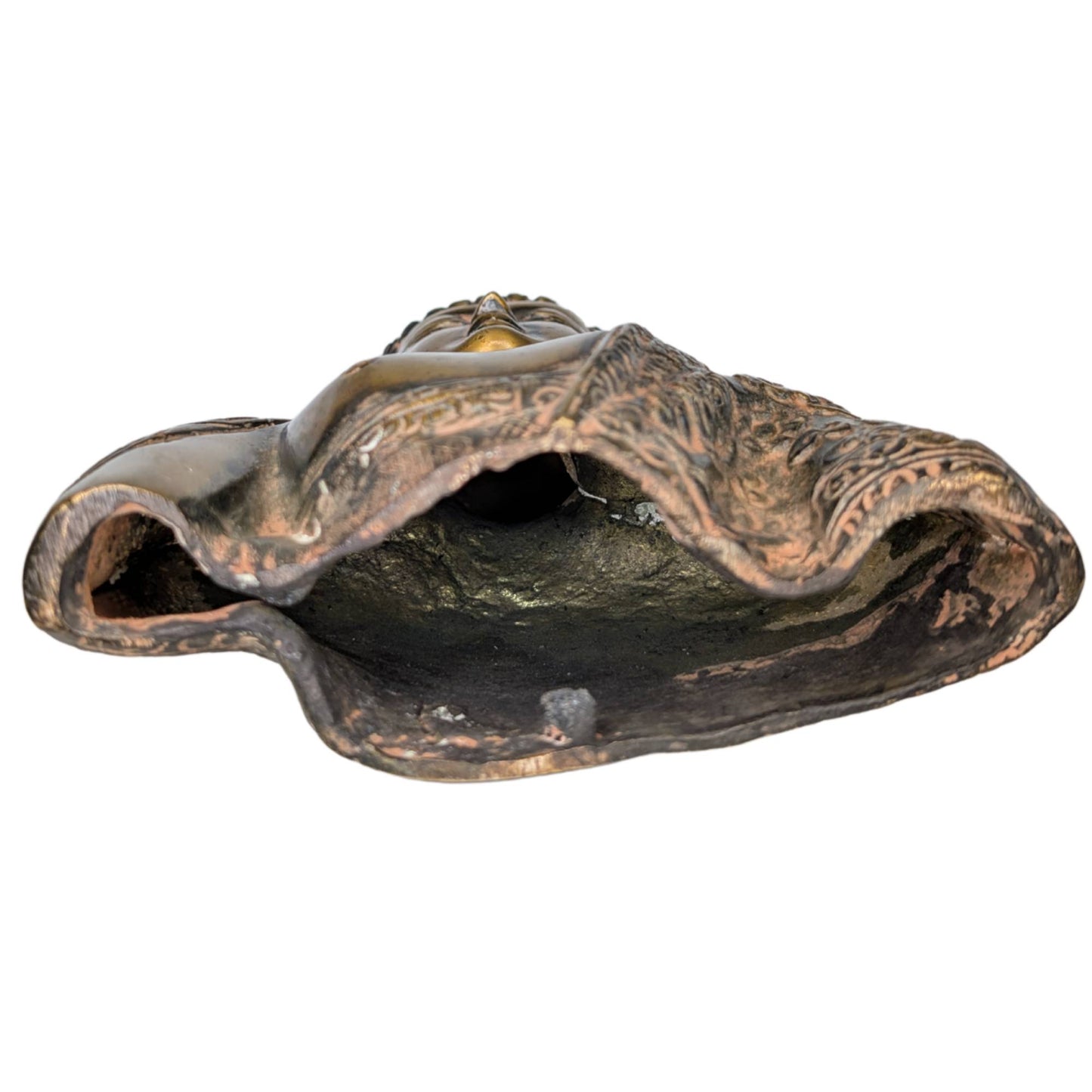 View into the hollow interior of the bust to illustrate the wall thickness and casting method.