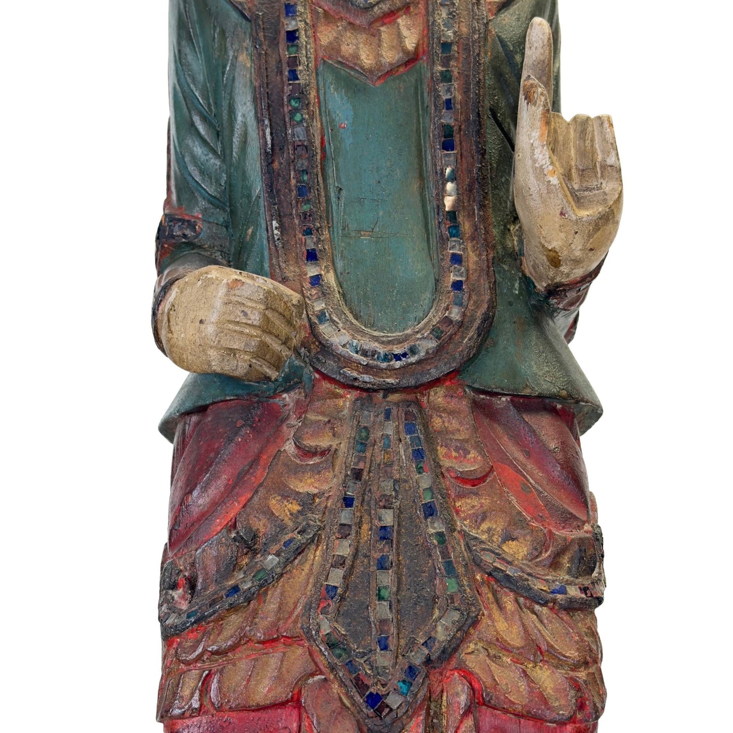 Polychrome statue of a Burmese protective spirit with mirror glass