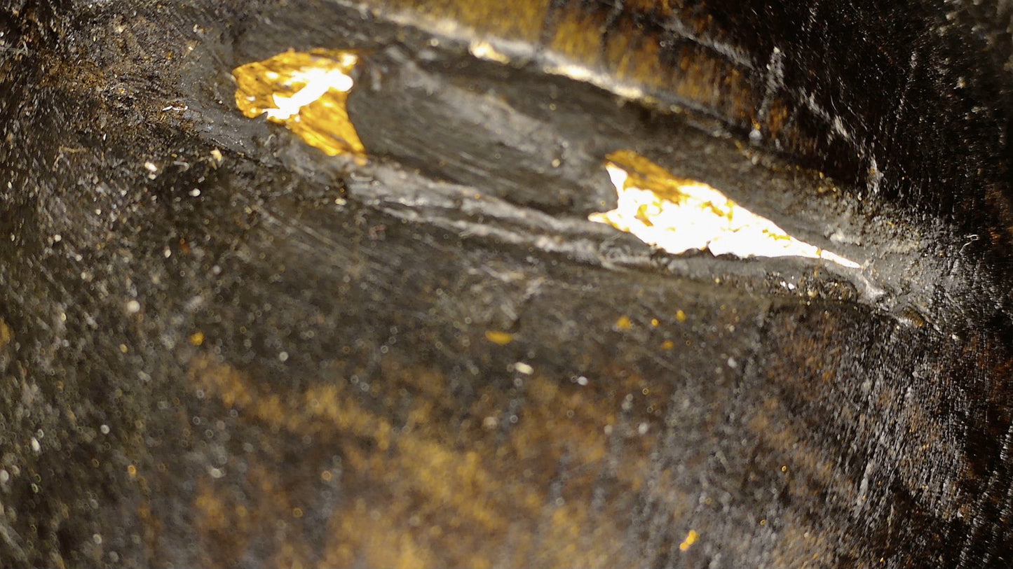 Microscope detail of lacquered wood and local remnants of gilding
