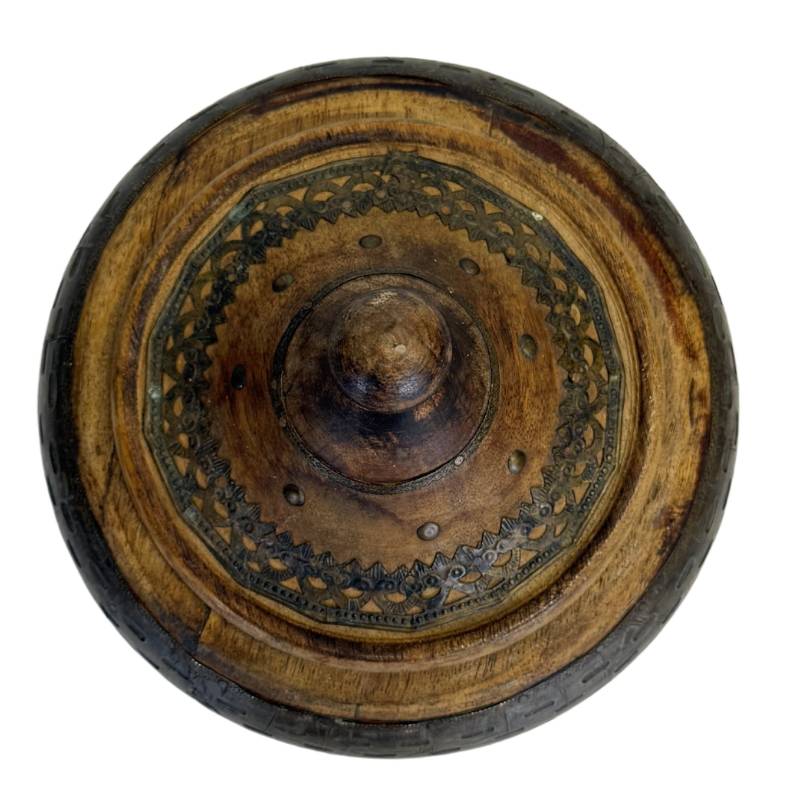 Decorative wooden container with metal trim and artisanal appearance