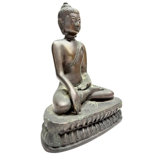 Bronze meditation statue of Buddha on a traditional lotus throne