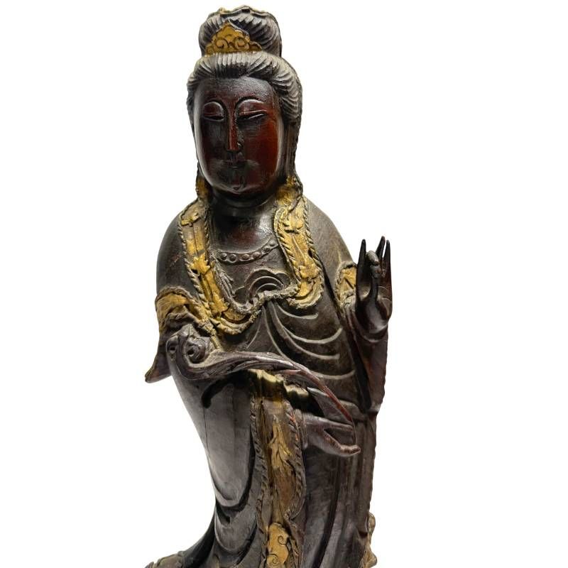 Wooden Guanyin statue with old natural patina