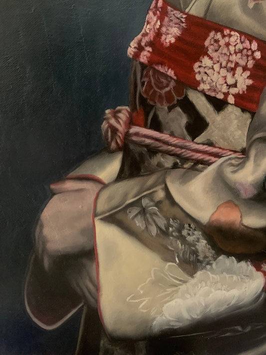Handgeschilderde zijden kimono patronen op een uniek olieverfschilderij.