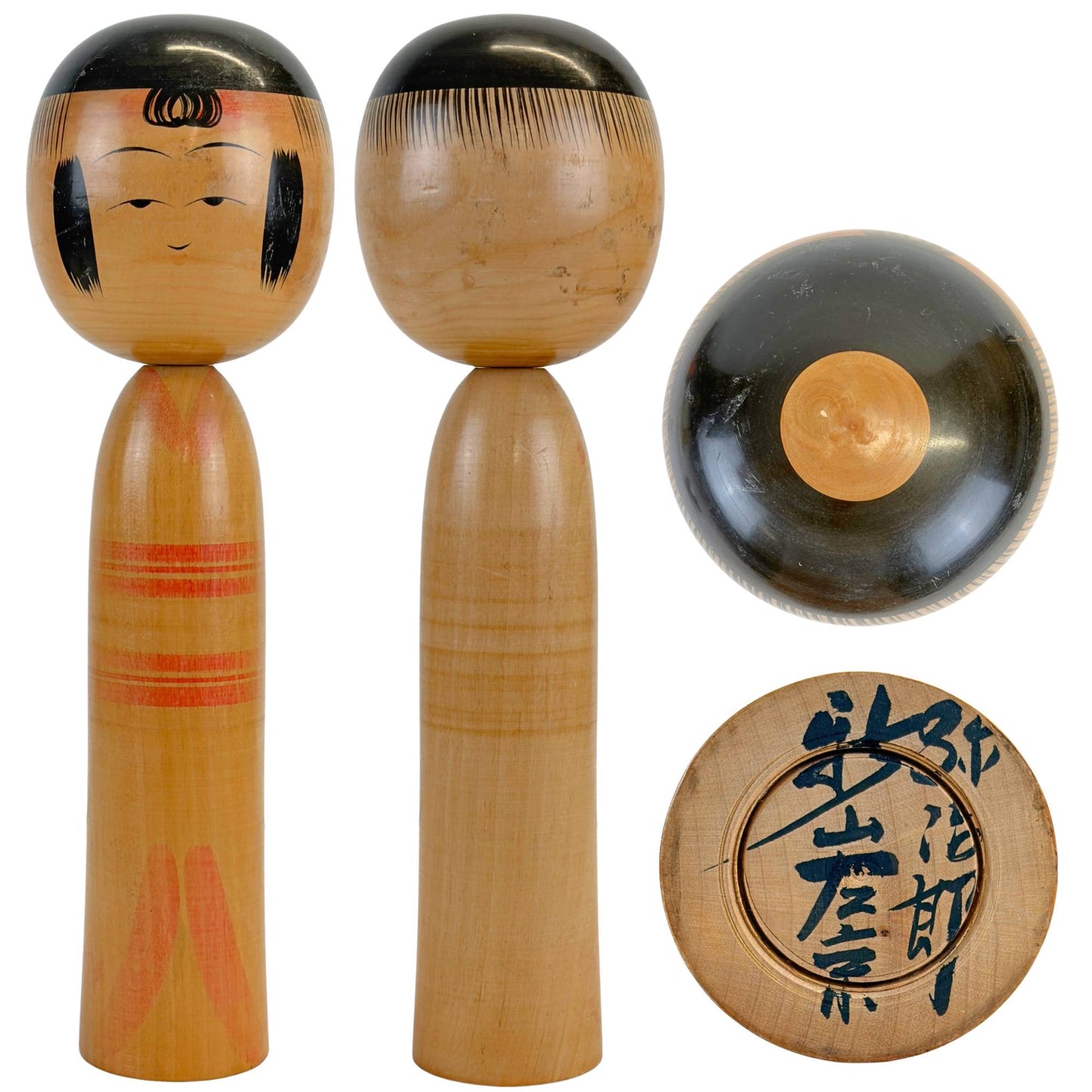 Kokeshi Naruko traditionnel de Tomohiro Kakizaki avec vues de face, de dos, de dessus et de dessous.