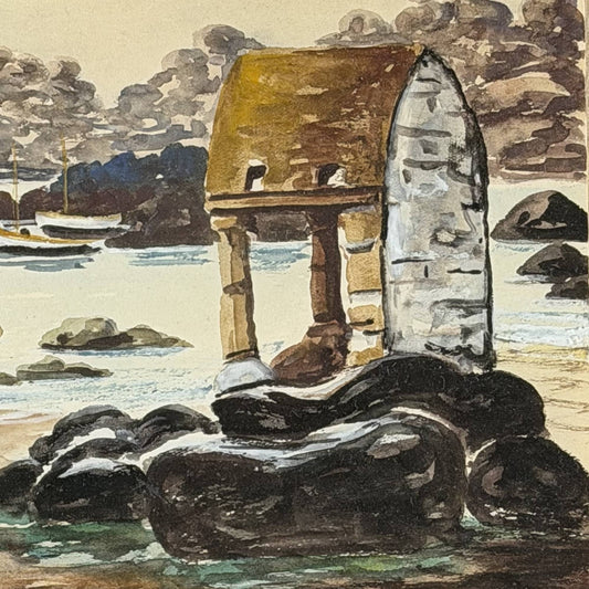 Close-up van de originele handtekening van de Franse schilder R. Blossier en de locatieaanduiding Ploumanac'h op het antieke aquarel.