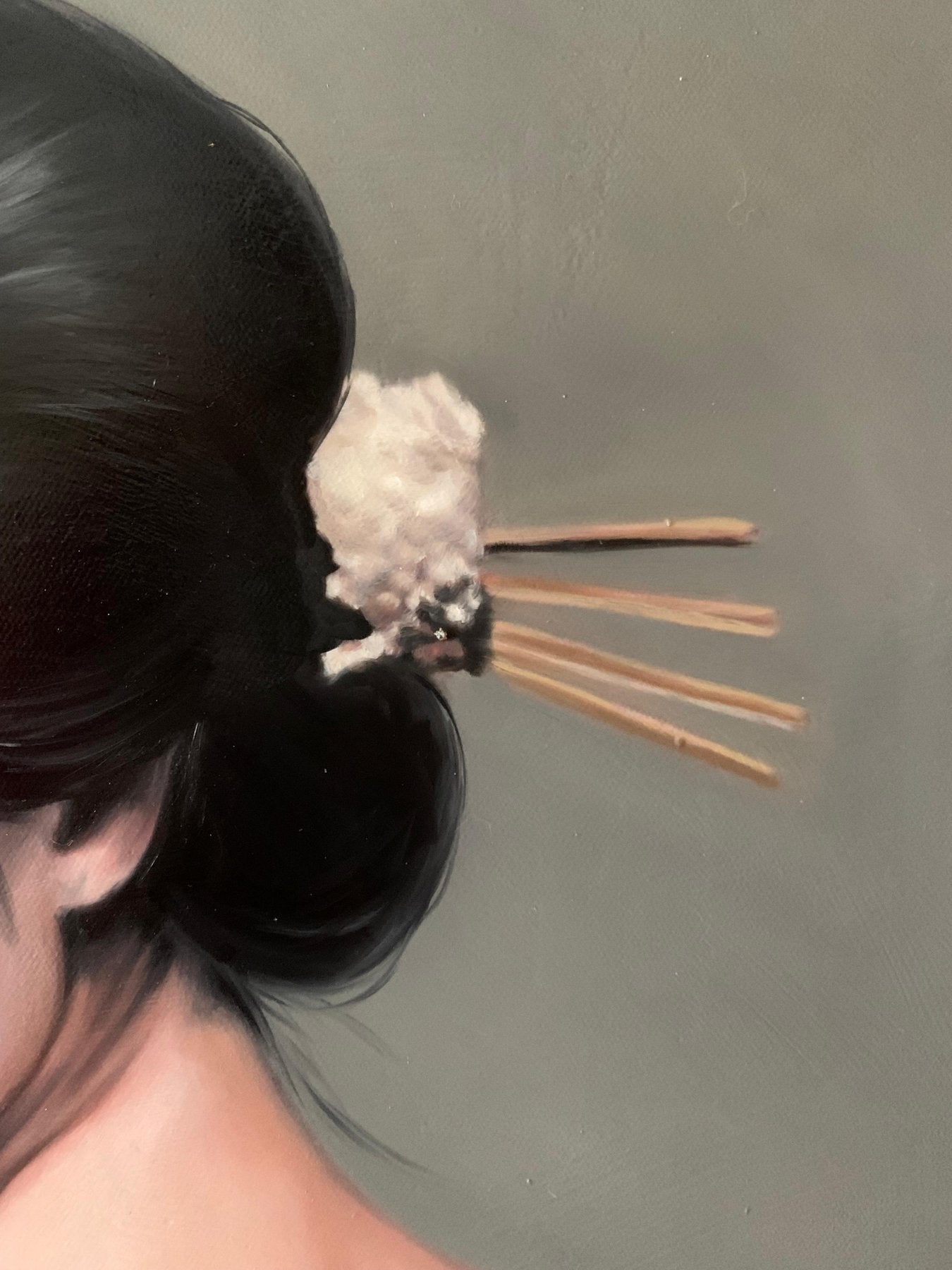 Unique Asian collector's item and handmade painting of a geisha as an architectural statement piece for modern living spaces.