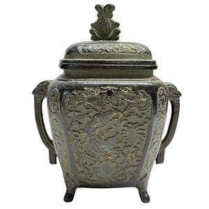Antique Japanese Bronze Koro Incense Burner with Dragon Relief - Meiji Period Altar Censer