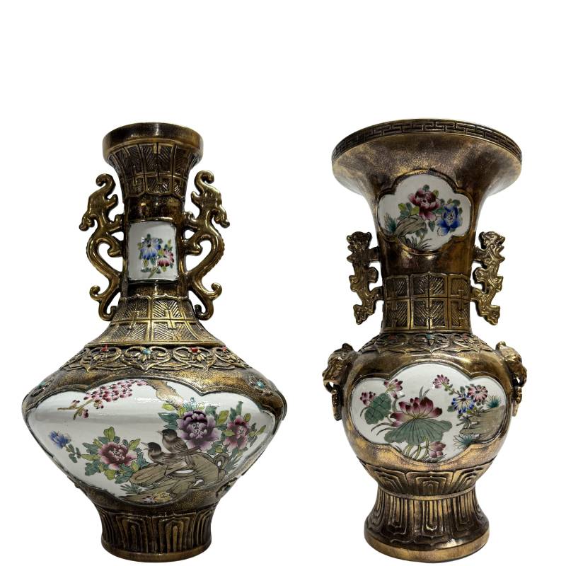 Chinese vase flower bird motif porcelain panels metal decoration