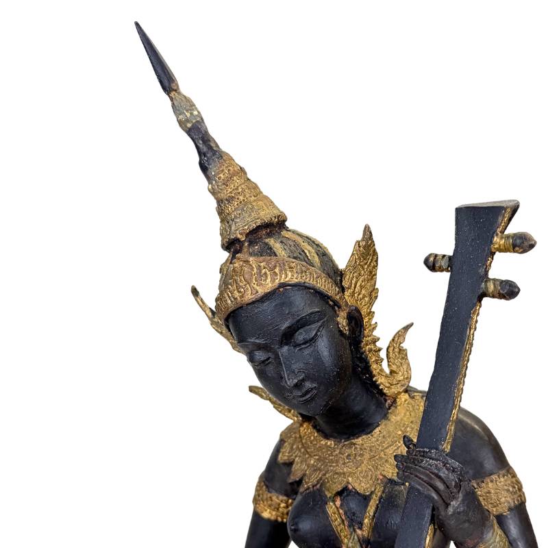 Thai Musician Statue Bronze – Gold Black Patina Temple Figure