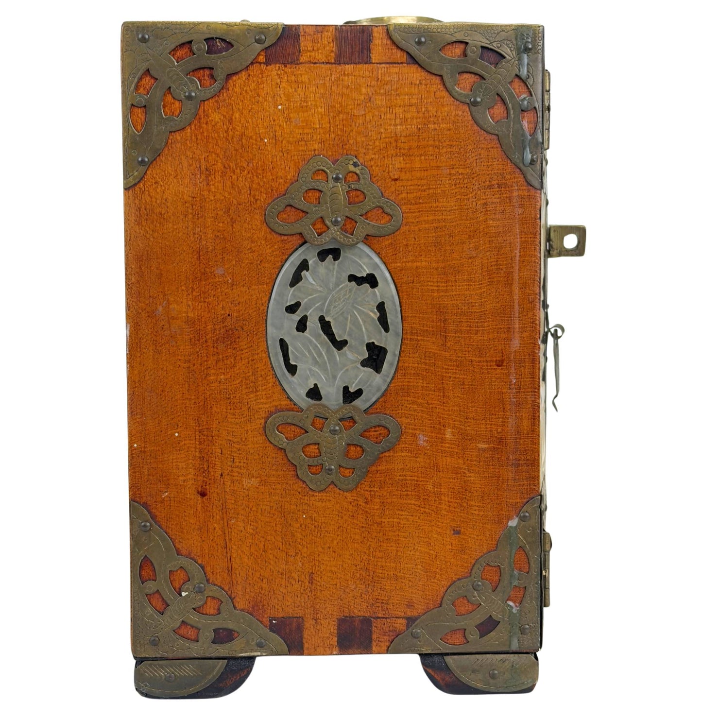 Chinese Wooden Jewelry Box with Carved Stone Panels and Brass Fittings