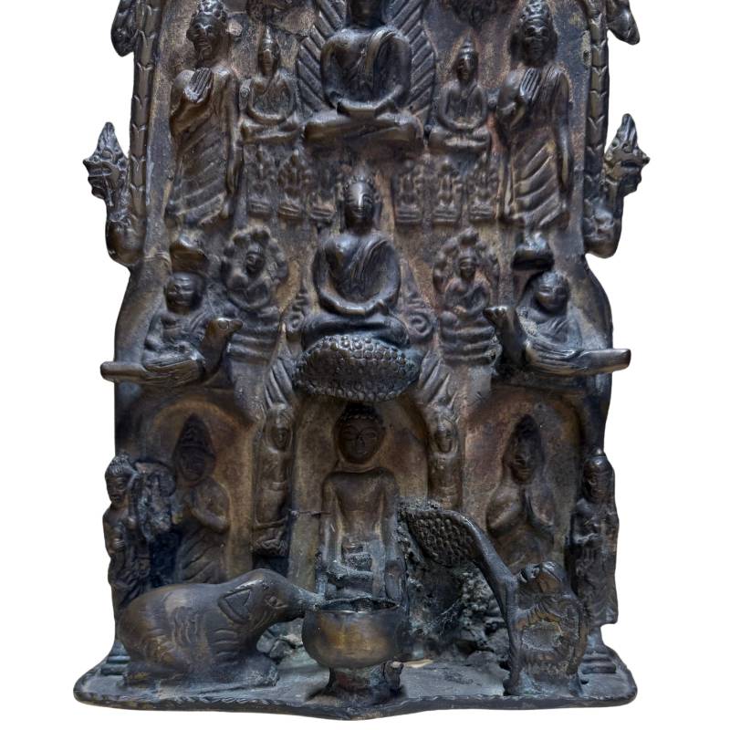 Antique Bronze Mucalinda Buddha Temple Relief – India/Nepal Himalayan Style – ca. 1880–1920 – Symbol of Protection and Spiritual Shelter