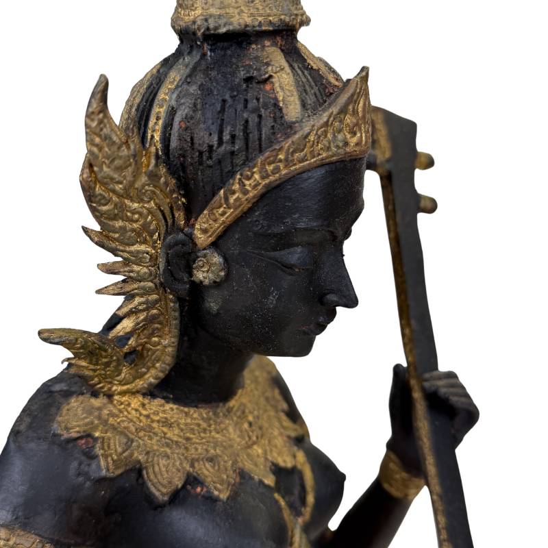 Thai Musician Statue Bronze – Gold Black Patina Temple Figure