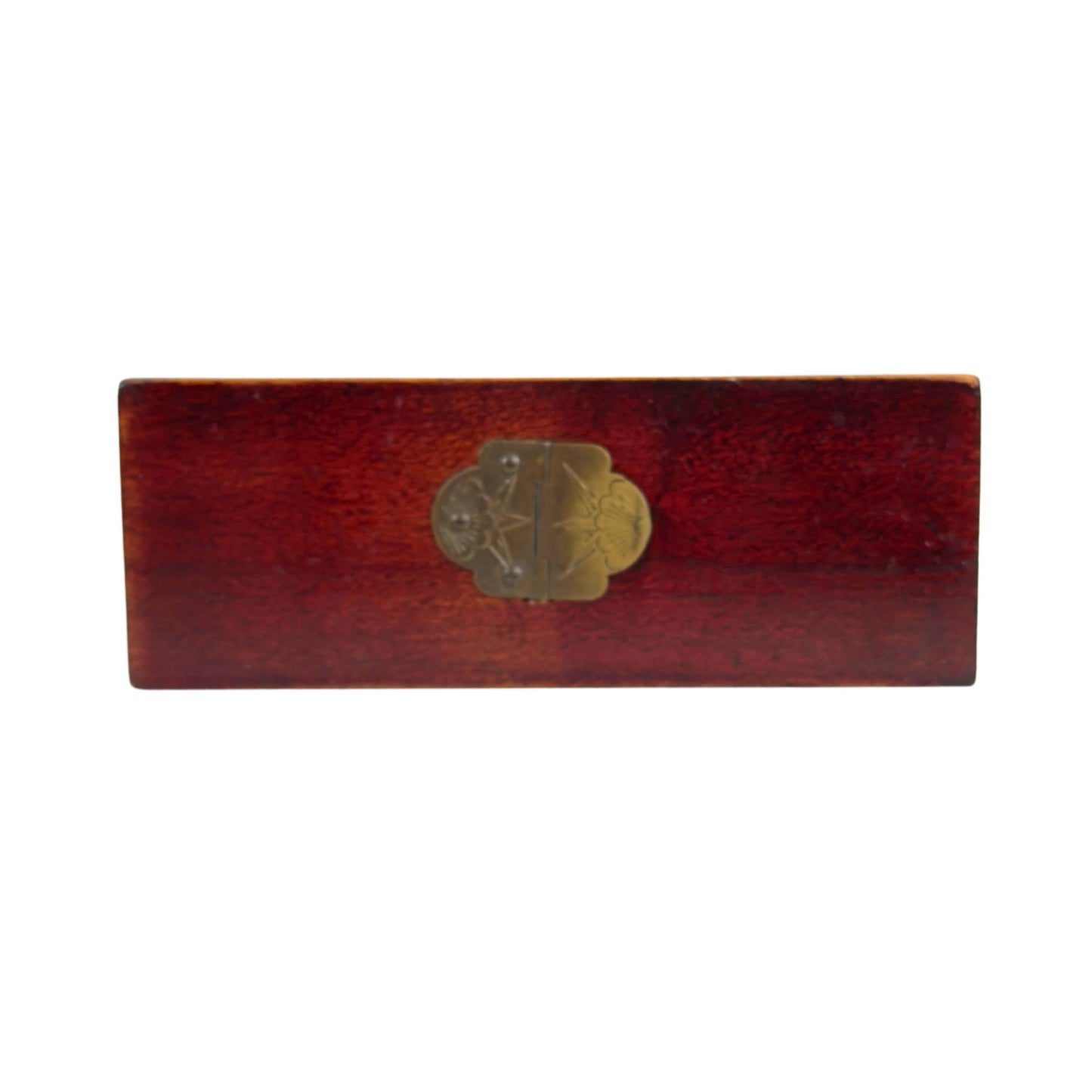 Chinese Wooden Jewelry Box with Carved Stone Panels and Brass Fittings