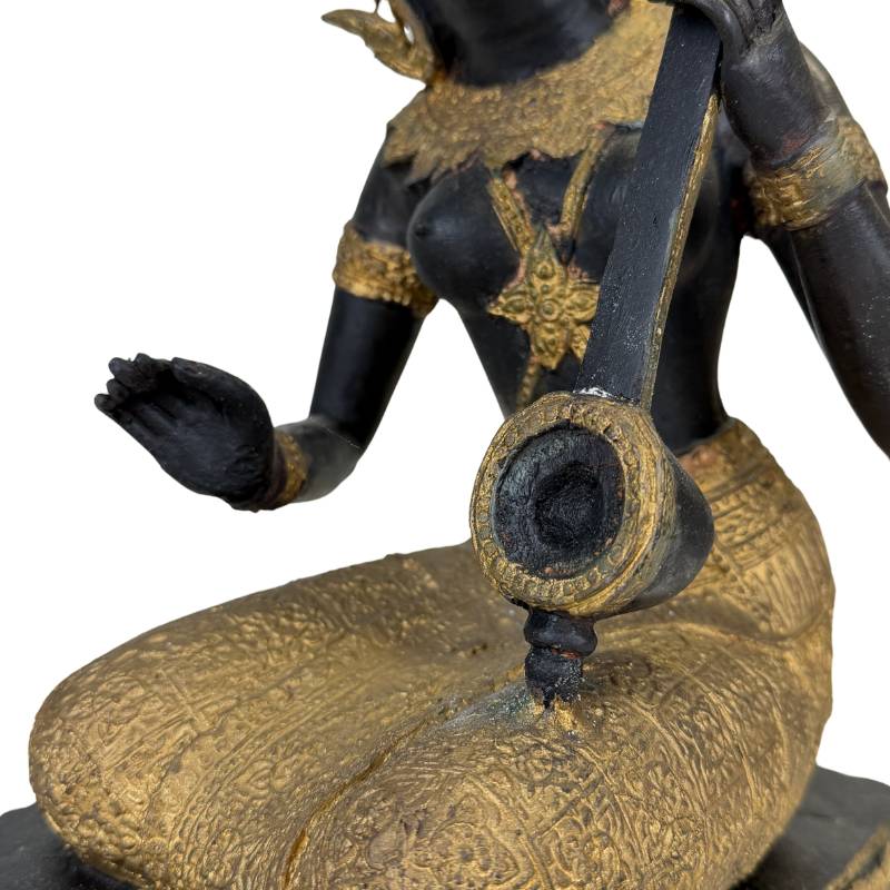 Thai Musician Statue Bronze – Gold Black Patina Temple Figure