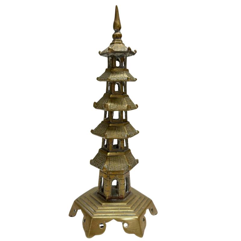 Chinese Bronze Altar Set with Medicine Buddha and Twin Pagoda Towers - 3-Piece