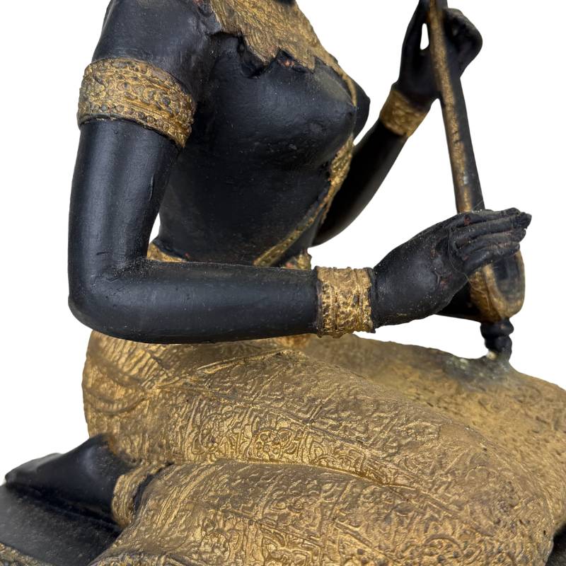 Thai Musician Statue Bronze – Gold Black Patina Temple Figure