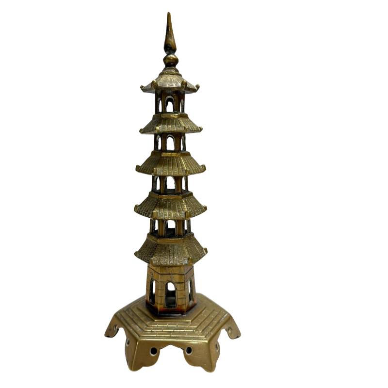 Chinese Bronze Altar Set with Medicine Buddha and Twin Pagoda Towers - 3-Piece
