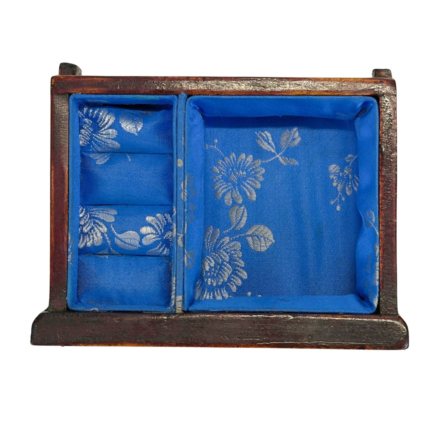 Chinese Wooden Jewelry Box with Carved Stone Panels and Brass Fittings