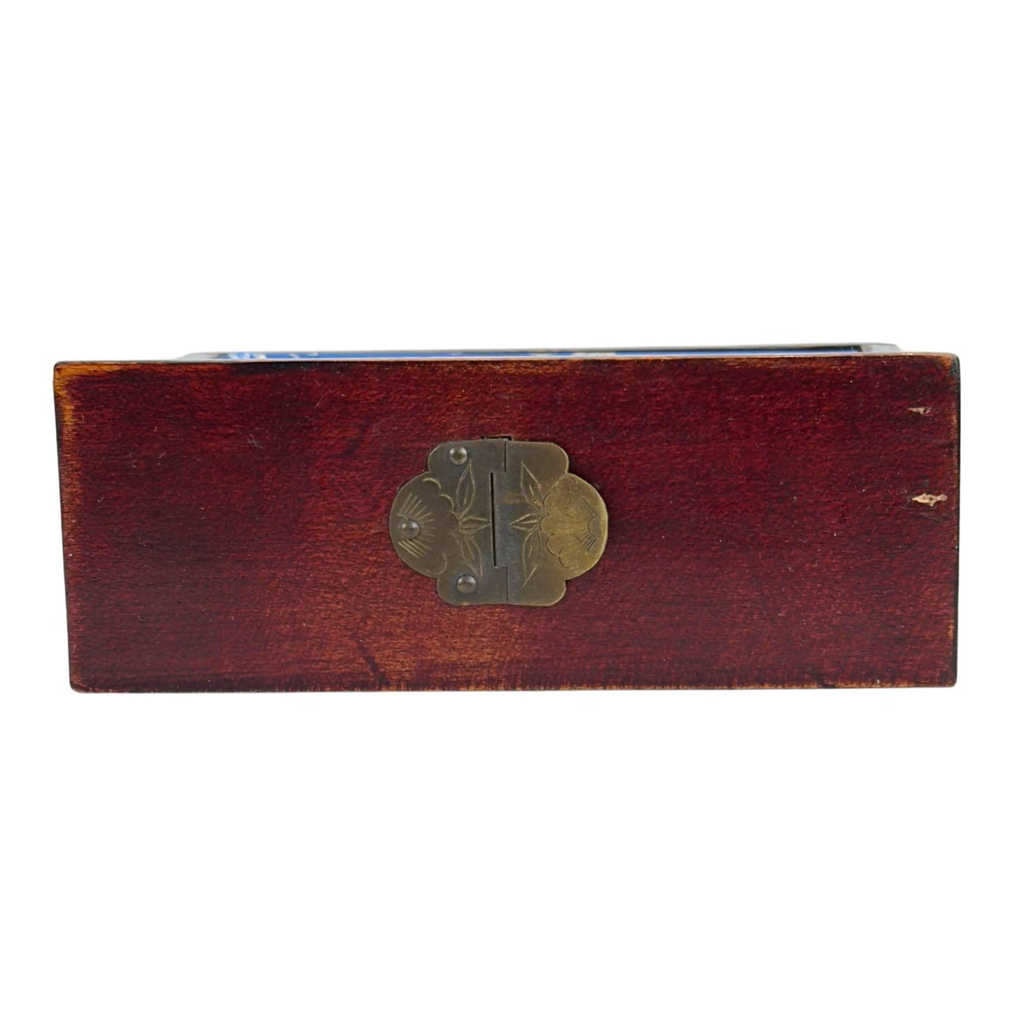 Chinese Wooden Jewelry Box with Carved Stone Panels and Brass Fittings