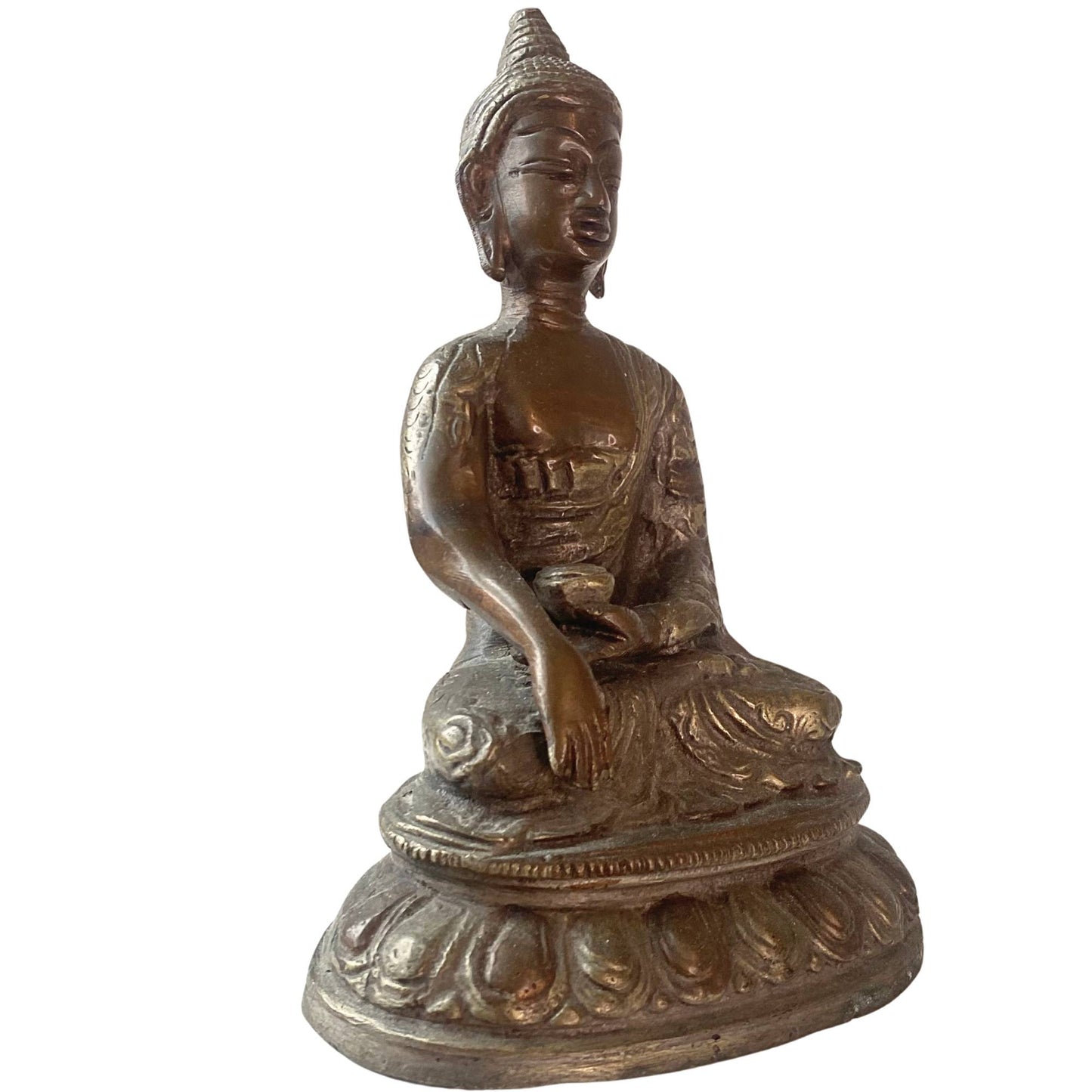 Three-quarter view shows the authentic gold remnants and deep patina.