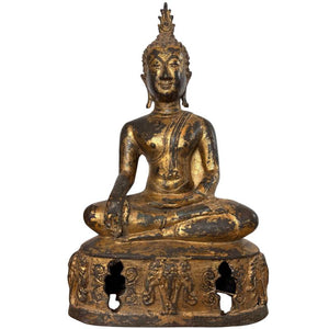 Bouddha Lanna du XVIIIe siècle, digne d'un musée – Bronze doré au feu – Socle en forme d'éléphant – 43 cm