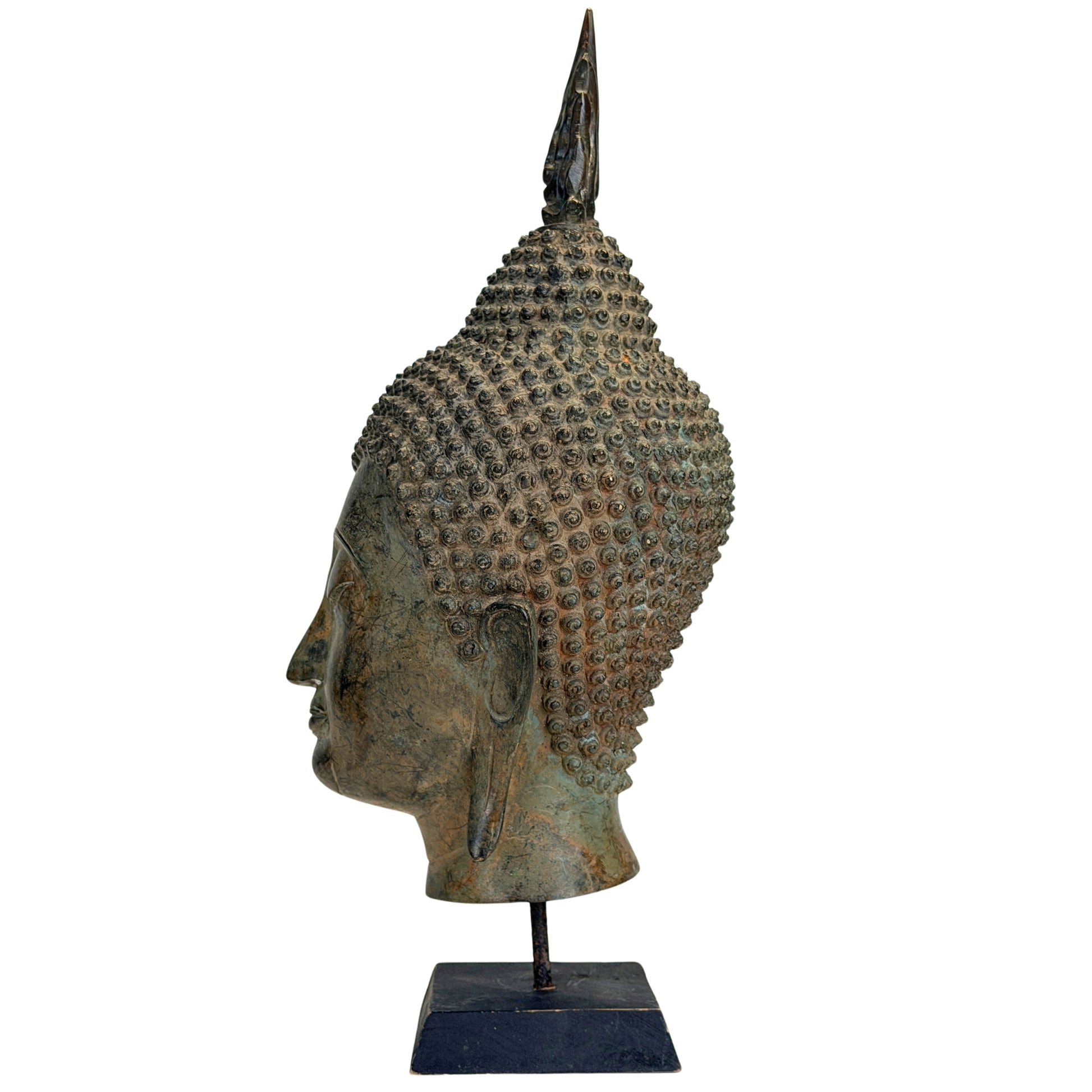 19th-century bronze Buddha head from Thailand with historic patina