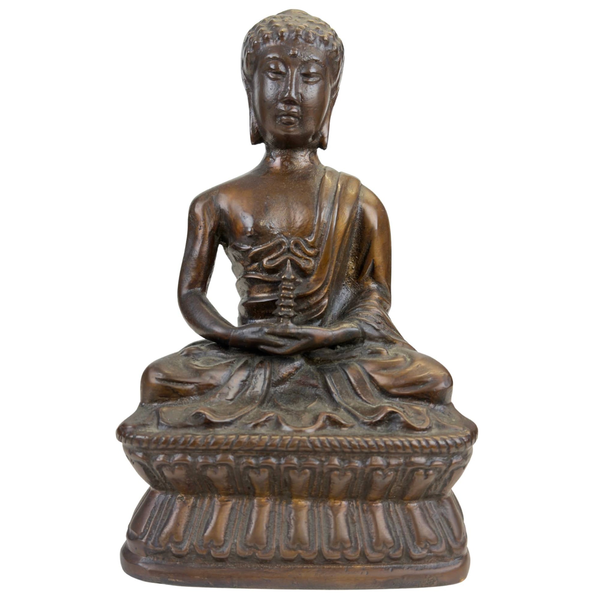 19th-century bronze Buddha with stupa attribute in Himalayan style, heavy cast statue of 28 cm