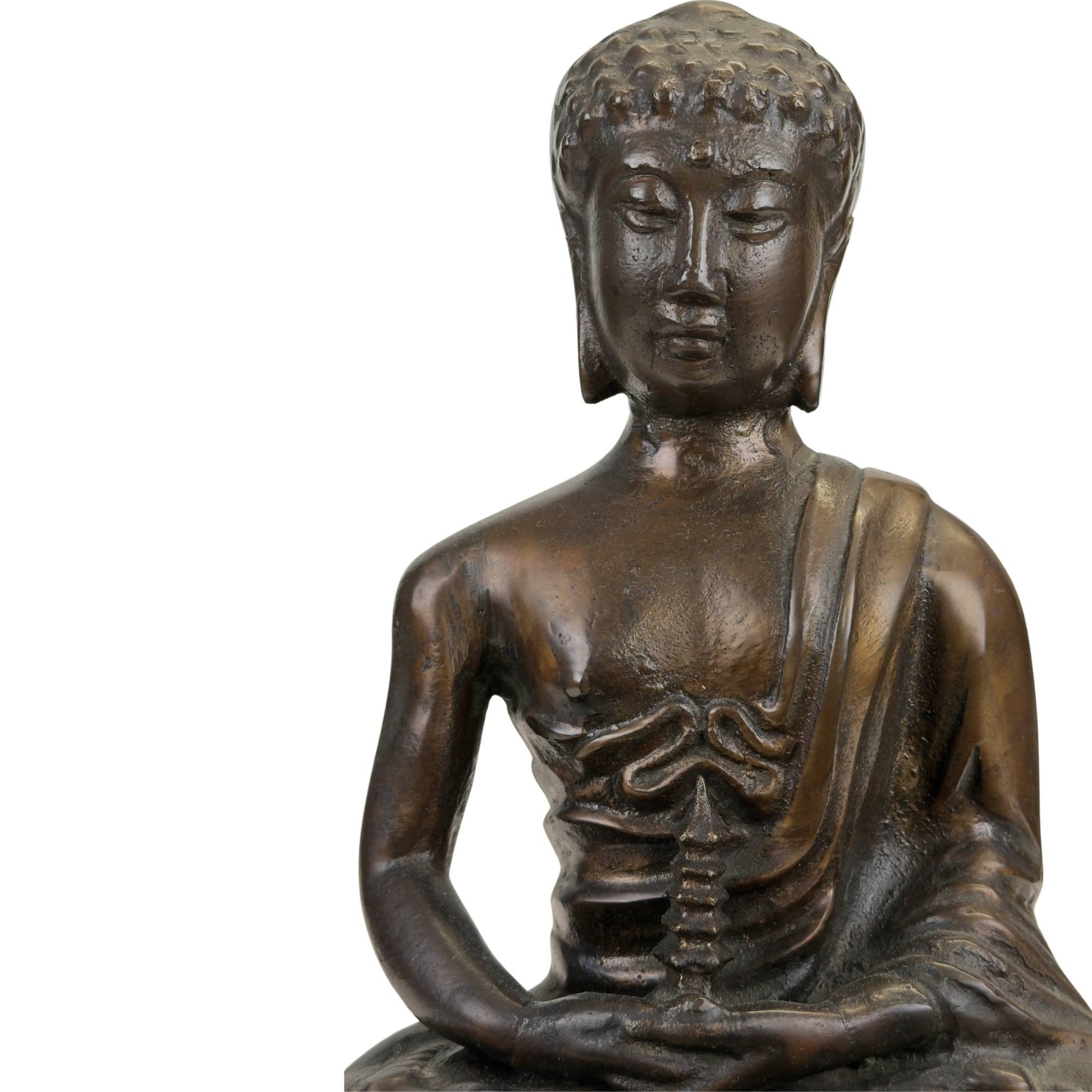 19th-century Himalayan Buddha in heavy copper alloy with stupa, old patina, and lotus base
