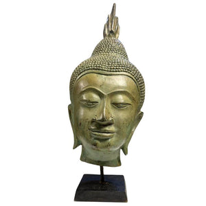Tête de Bouddha thaïlandaise ancienne en bronze avec socle, 39 cm