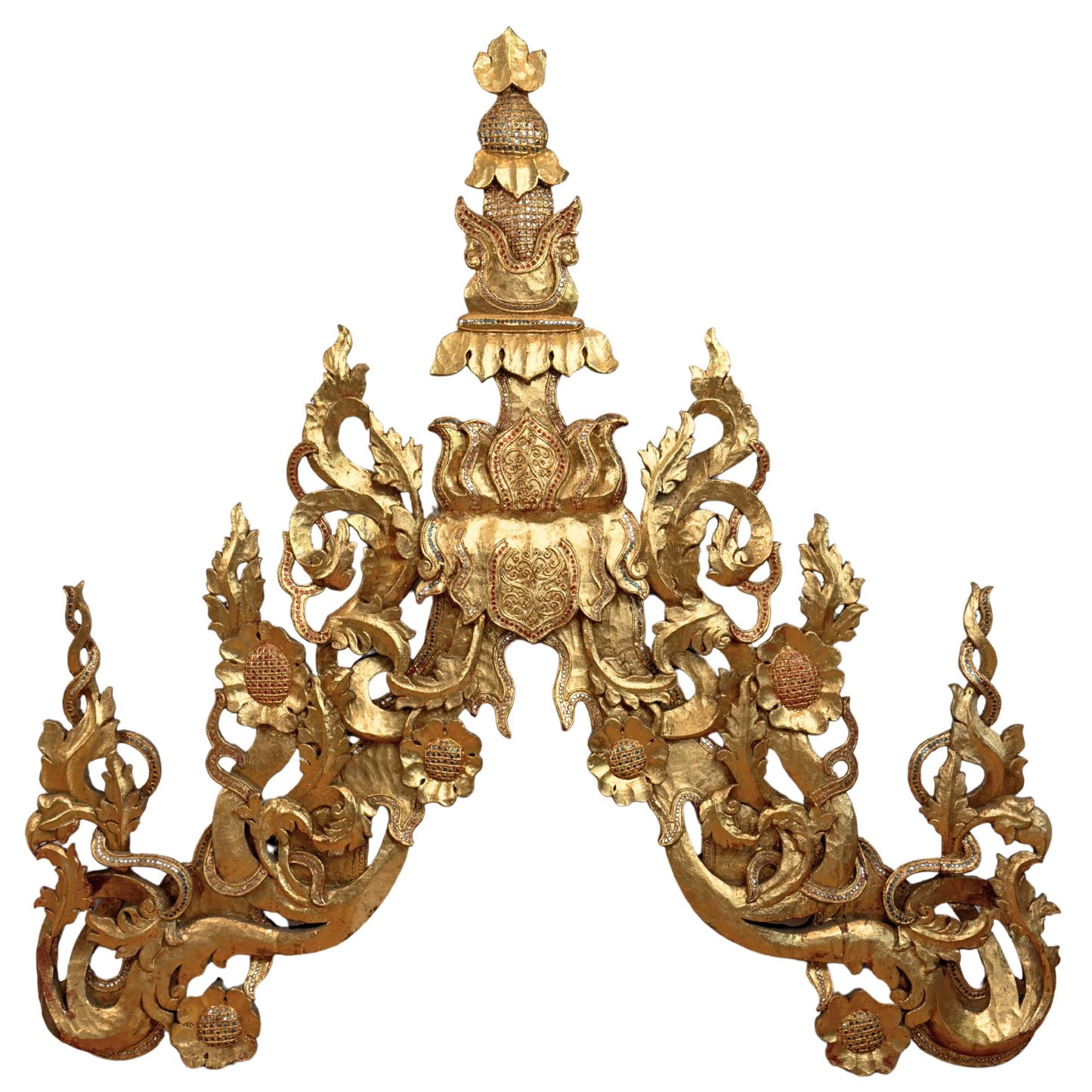 Monumental Burmese Temple Pediment Ensemble (5-piece, approx. 200 cm high) – Mandalay Style (circa 1900)