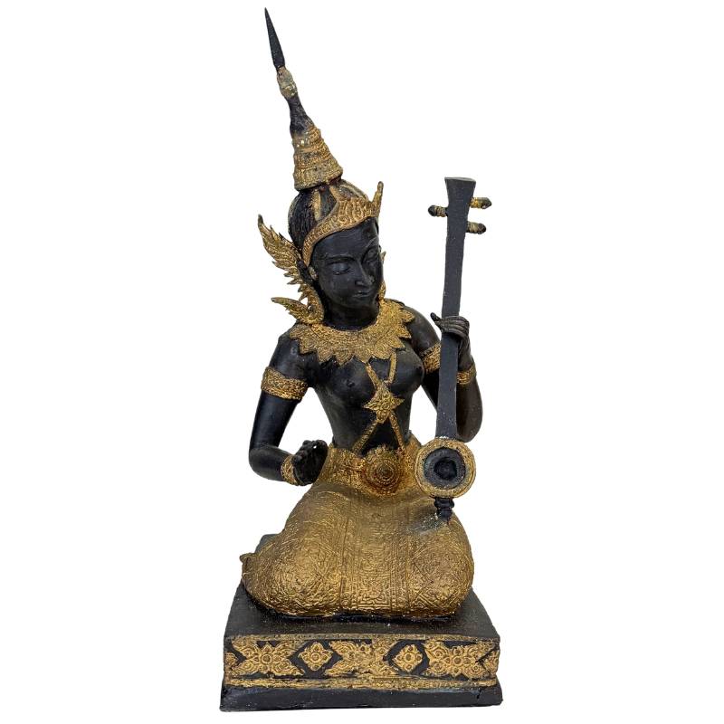 Thai Musician Statue Bronze – Gold Black Patina Temple Figure