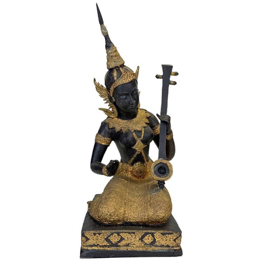 Thai Musician Figurine Bronze – Gold Black Patina Temple Figure