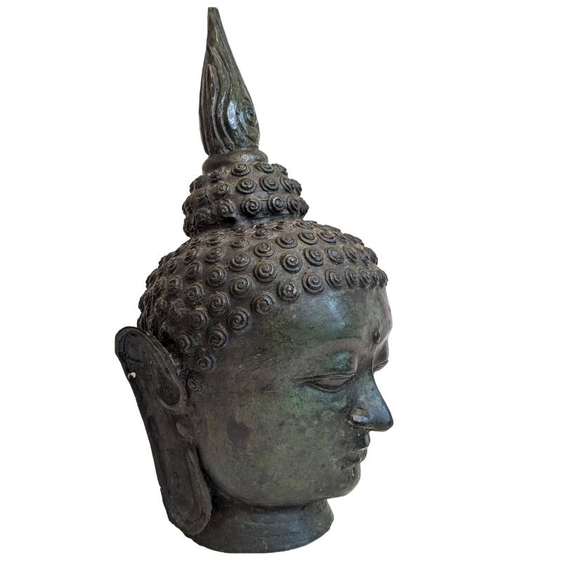 Antique Thai bronze Buddha head with flame-shaped ushnisha