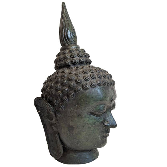 Antique Thai Bronze Buddha Head with Flame Ushnisha
