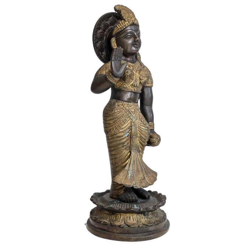 Bronze Parvati goddess standing on a lotus pedestal with Abhaya mudra