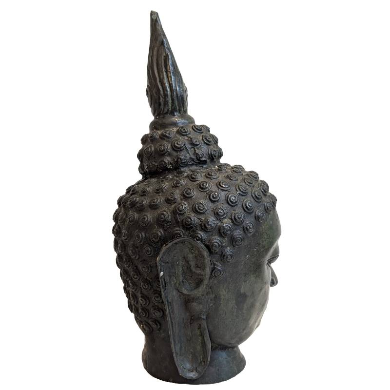 Antique Thai bronze Buddha head with flame-shaped ushnisha