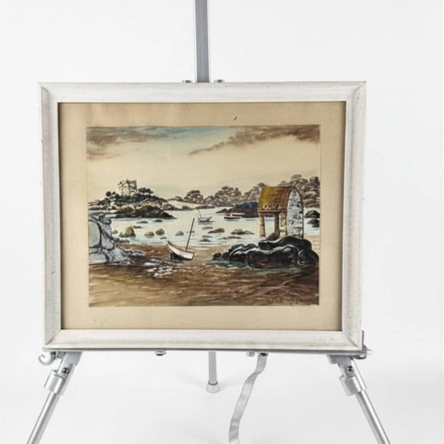 Antique hand-painted watercolor measuring 36.5x44 cm by R. Blossier of the Oratory of Saint-Guirec in Ploumanac, Brittany, perfect as exclusive wall art.
