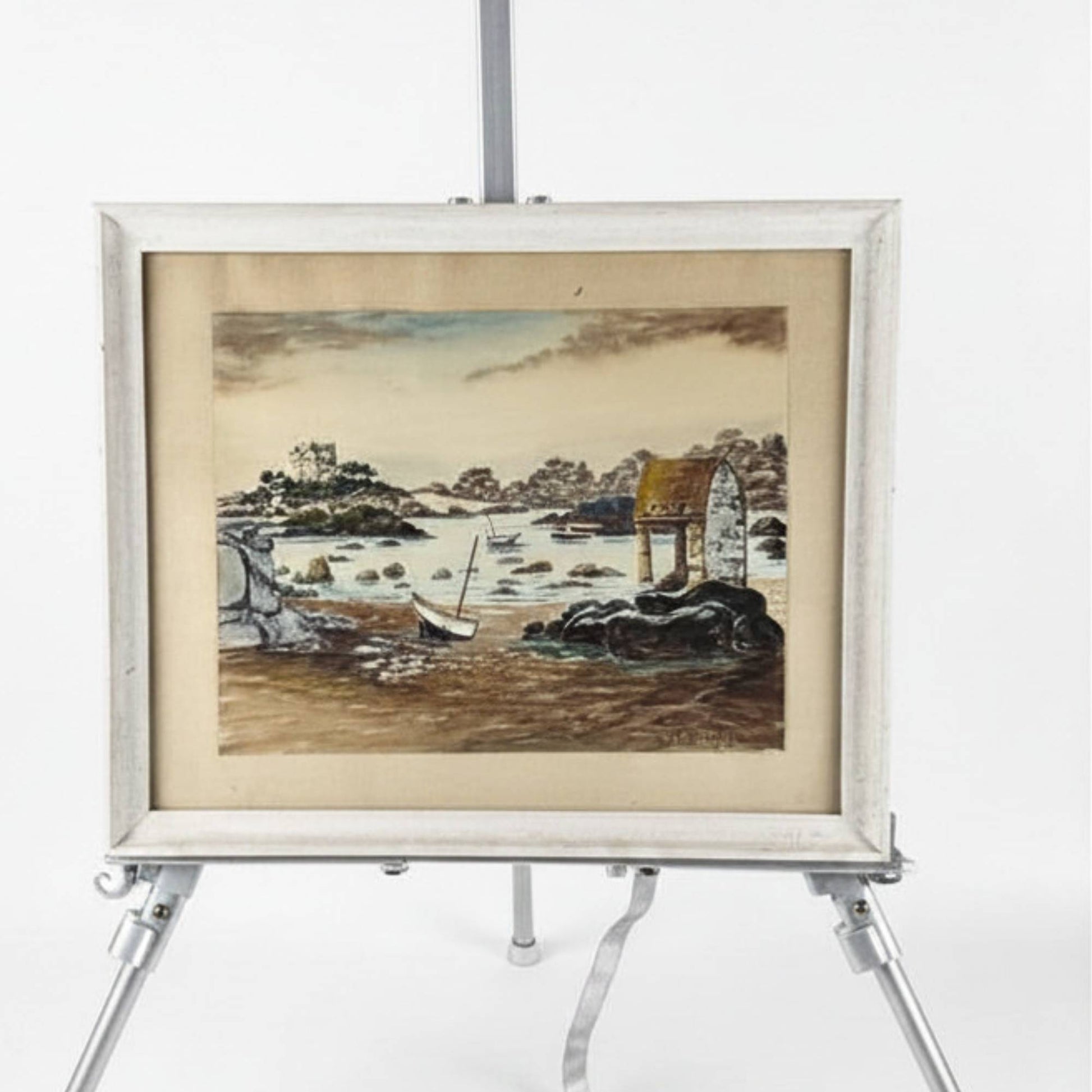 Antique hand-painted watercolor measuring 36.5x44 cm by R. Blossier of the Oratory of Saint-Guirec in Ploumanac, Brittany, perfect as exclusive wall art.