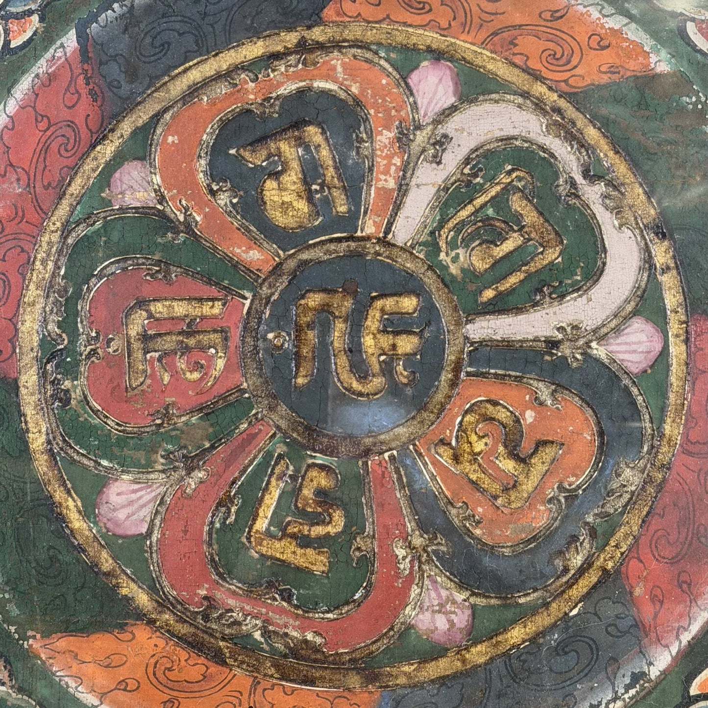 61x65 cm Antique Tibetan Thangka Mandala | Ranjana Mantra | 9kg Wall Art