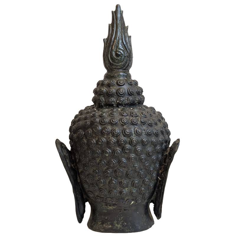 Antique Thai bronze Buddha head with flame-shaped ushnisha