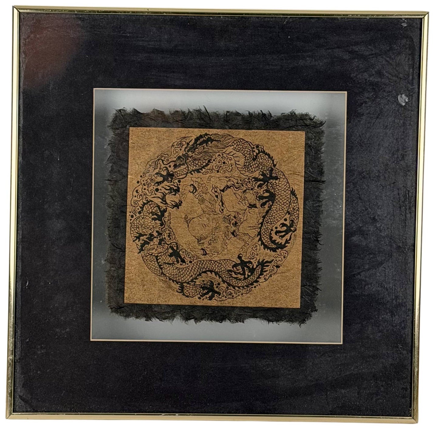 Original Oriental woodcut block print of Imperial five-clawed dragons on handmade Lokta paper, floating framed in a modern Wabi-Sabi interior.
