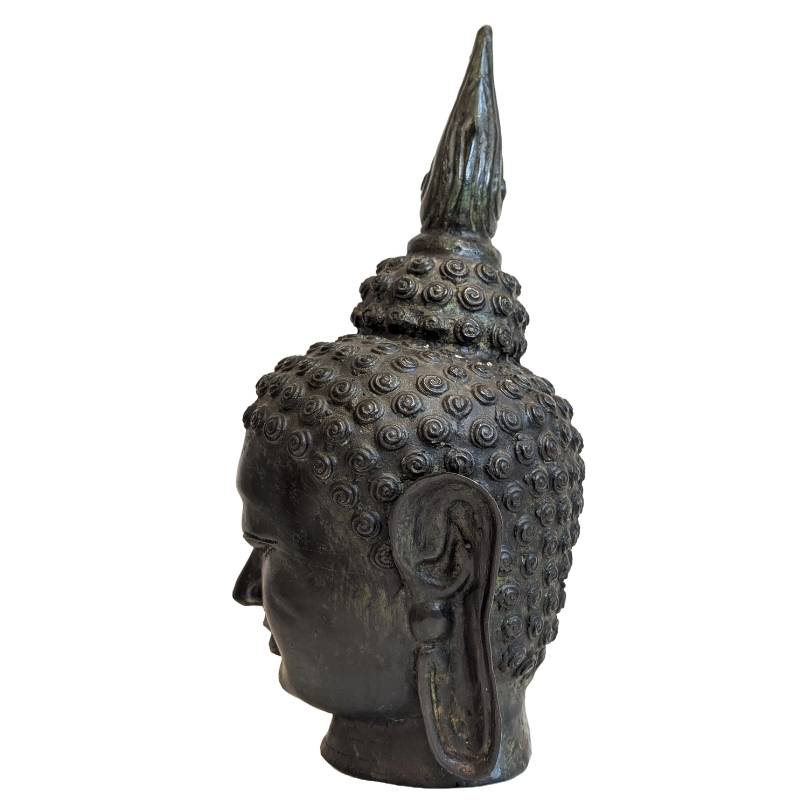 Antique Thai bronze Buddha head with flame-shaped ushnisha