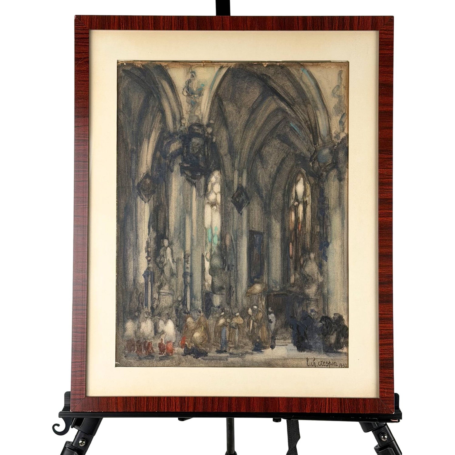 Large antique Gothic church interior artwork from 1930 by the Belgian painter Louis-Charles Crespin, exclusively framed for high-end wall art