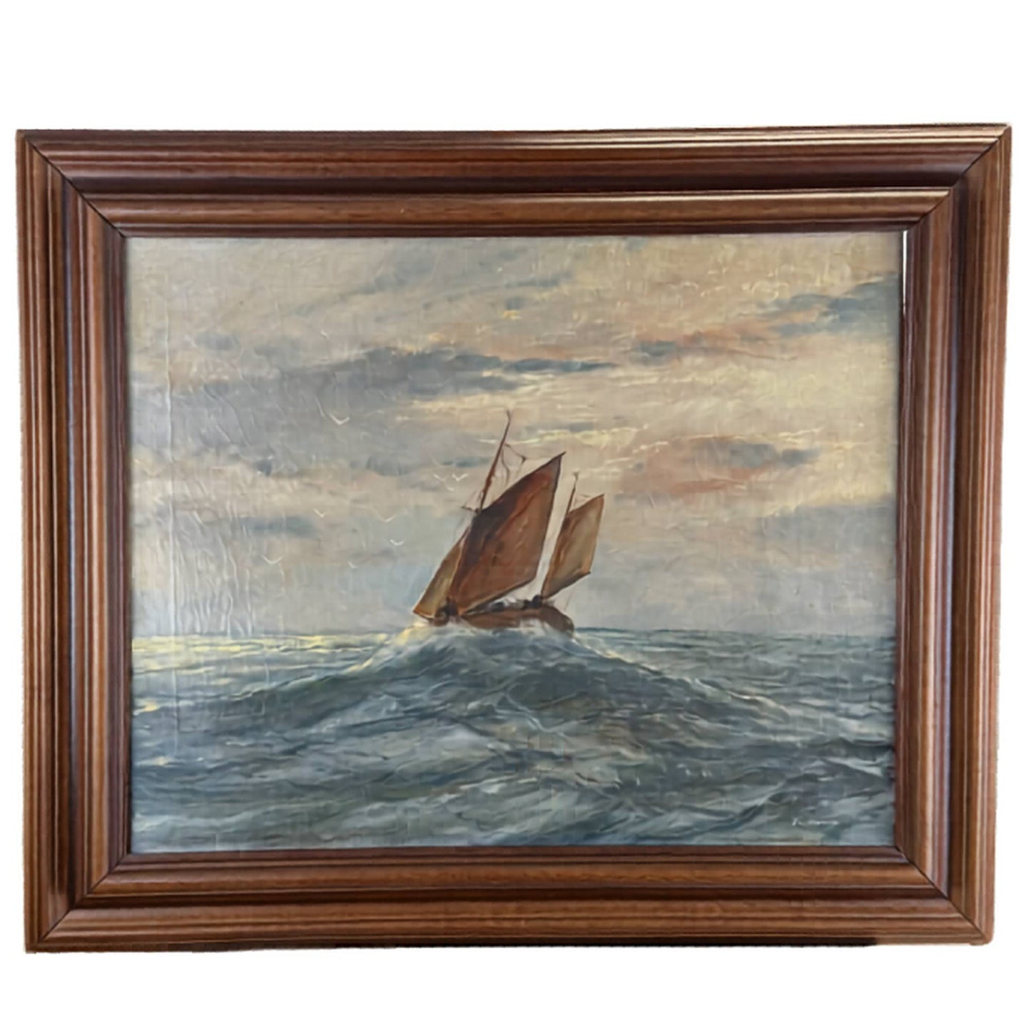 Antique maritime oil painting on canvas measuring 53x63 cm by R. Doorn of a fishing vessel at sea, perfect as exclusive wall art.