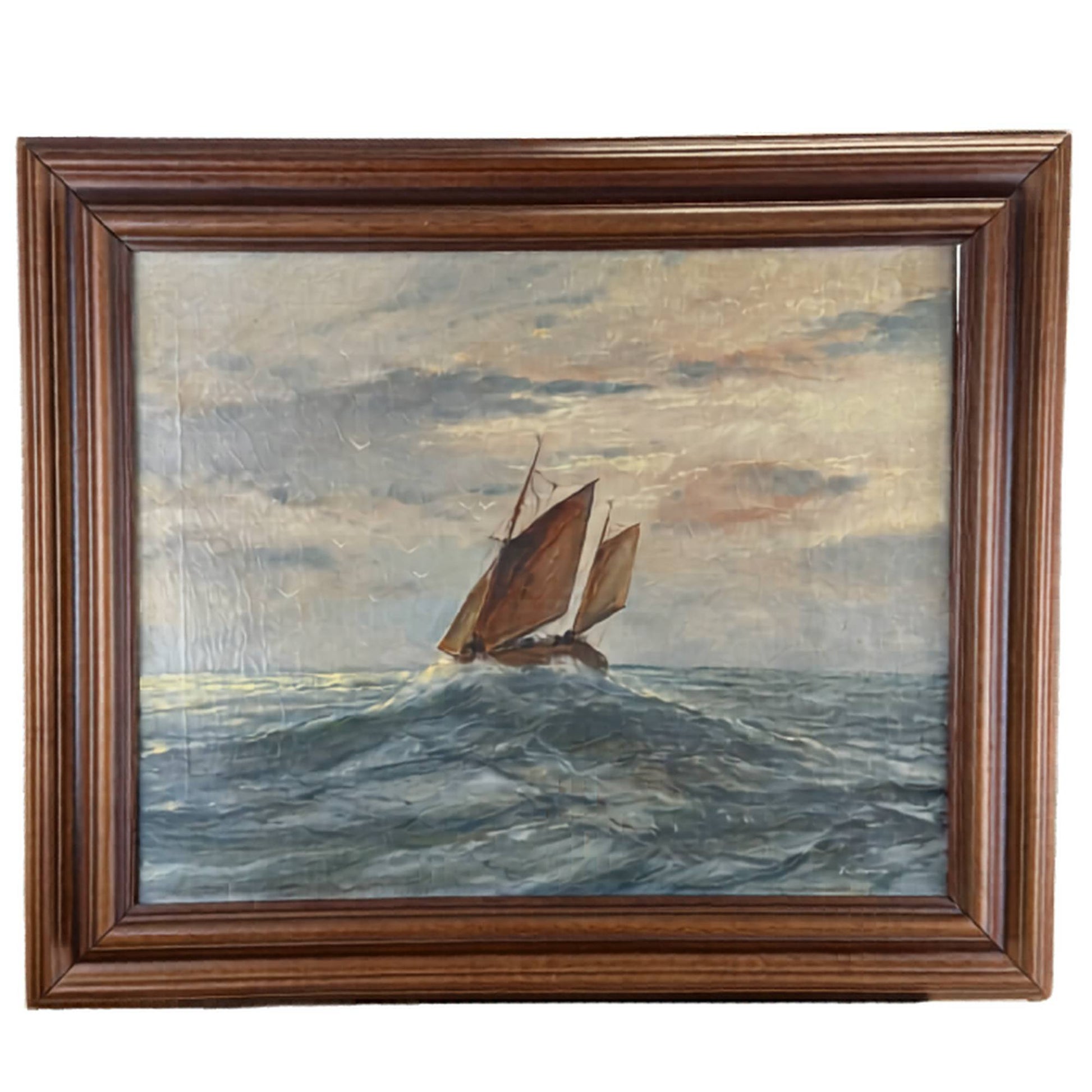 Antique maritime oil painting on canvas measuring 53x63 cm by R. Doorn of a fishing vessel at sea, perfect as exclusive wall art.