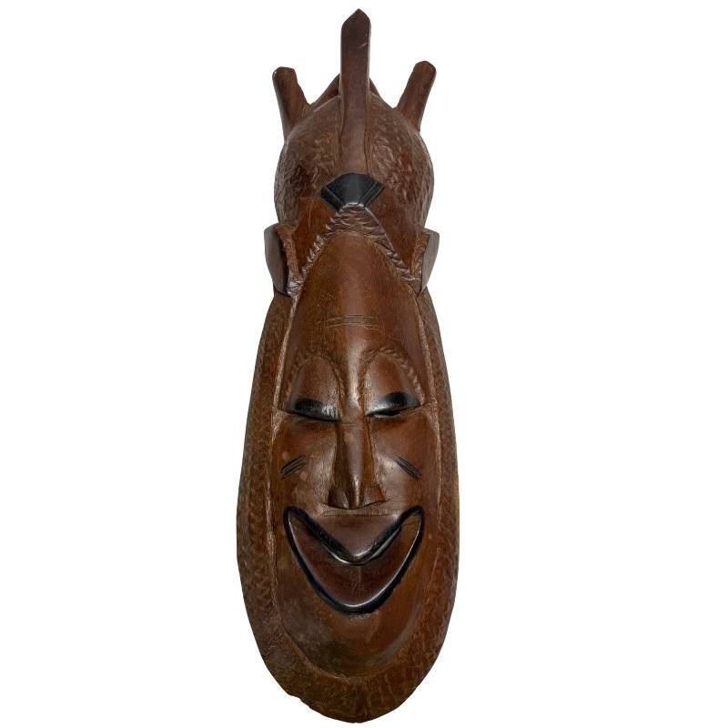 Large hand-carved wooden tribal mask in the traditional Marka style from Mali, 59 cm high with upright horns.