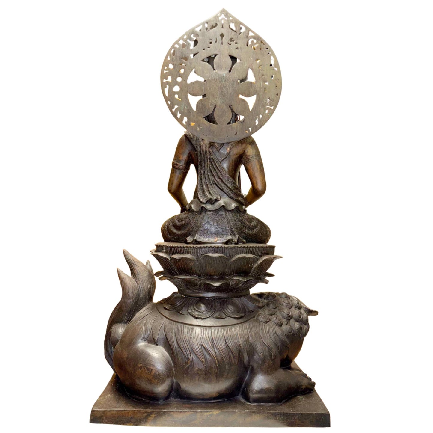 Monumental Bronze Wenshu Pusa Statue on Lion – Chinese Manjushri Bodhisattva – Late Qing / Early Republic – 94.5 cm