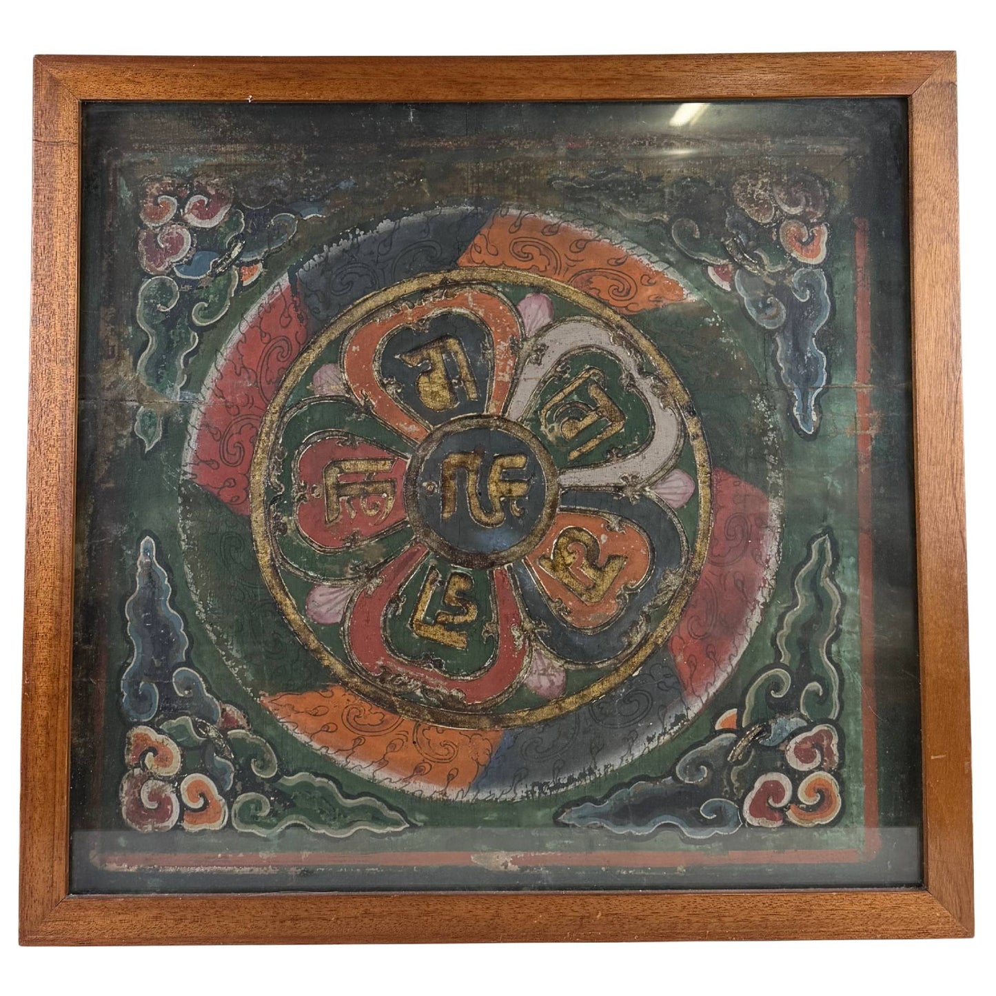 Antique Tibetan Thangka Mandala monastery painting in a 61x65 cm frame with sacred Ranjana script, perfect as exclusive wall art.